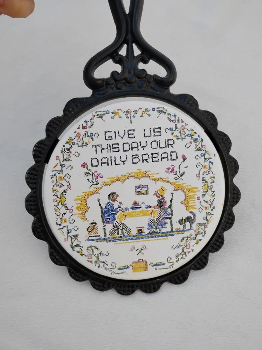 Lot of 2 Vintage Trivet Pot Holder & Wood Wall Signage Plaque Encouraging Decor